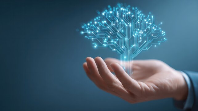 Businessman hand holding virtual digital circuit tree hologram for artificial intelligence and cloud computing concept