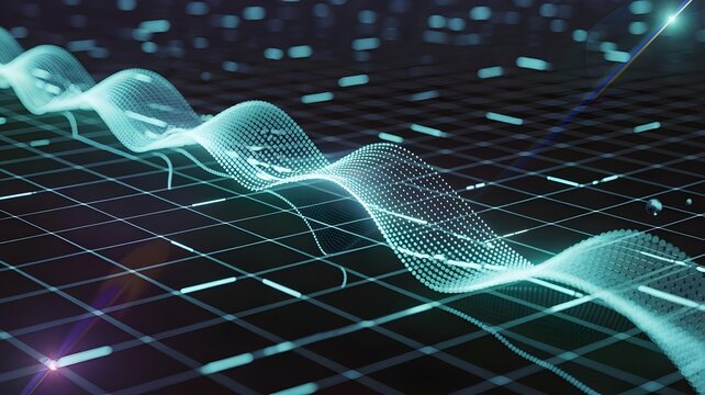 abstract tech grid background with flowing luminous data waves – Excellent for high-tech corporate branding, computer science, or immersive virtual reality.