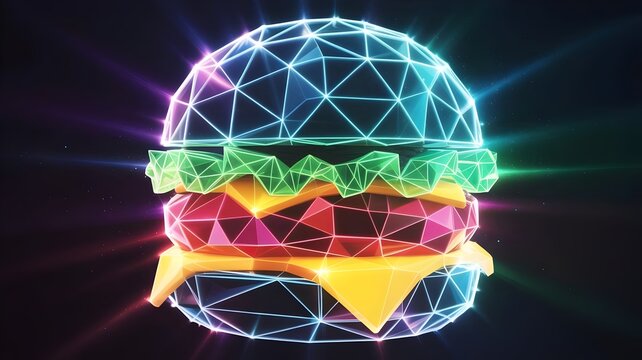 burger made of glowing polygonal shapes symbolizing digital food – Perfect for conceptual food tech, cyberpunk aesthetics, or abstract design.