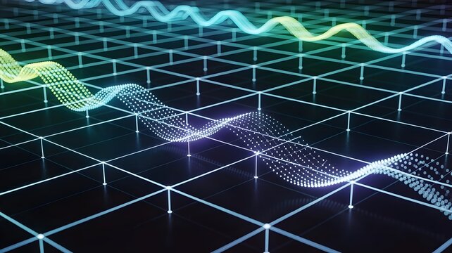 abstract tech grid background with flowing luminous data waves – Great for technology presentations, data analytics, or digital connectivity concepts.