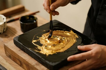 Artisan applying gold paint with a brush onto a black ceramic plate
