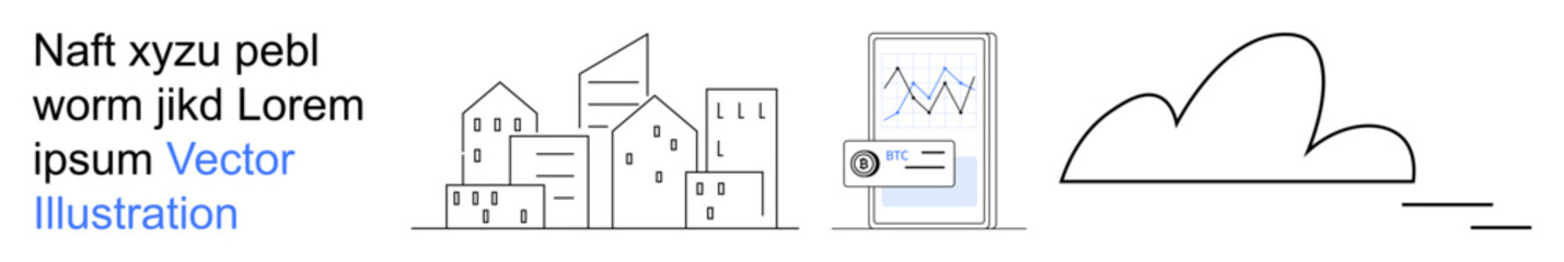 Urban planning, data visualization, cloud storage, architecture, technology, city design. Stylized cityscape, cloud symbol and analytics chart. Urban planning and data visualization concepts