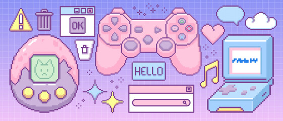 Obraz na płótnie Canvas Retro pixel computer game icons collection. Vector illustration of 90s style pc, gamer console, digital toy, search bar, text cloud, info window, trash bin and warning sign, vintage software interface