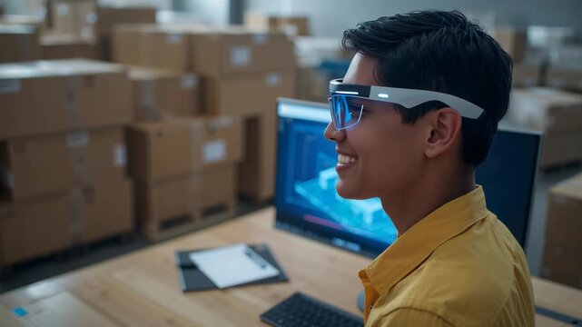 Packer in yellow shirt monitoring schematic with headset lights activating for packing, copy space