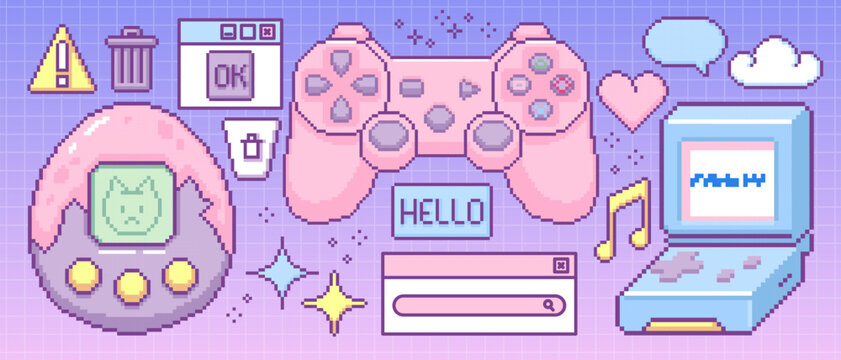 Fototapeta Retro pixel computer game icons collection. Vector illustration of 90s style pc, gamer console, digital toy, search bar, text cloud, info window, trash bin and warning sign, vintage software interface