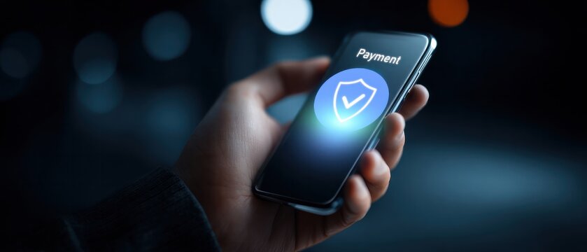 Hand holding mobile phone displaying blue shield hologram with payment word for banking security concept