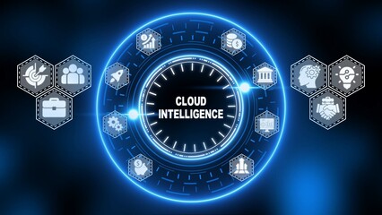 Digital cloud intelligence network with business icons and glowing blue H U D interface technology data