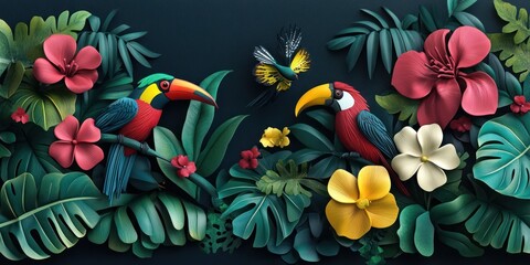Obraz premium Vibrant Tropical Jungle Scene with Stylized Toucans, Exotic Flowers, and Lush Green Leaves in Paper Art Style