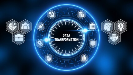 Digital data transformation concept with glowing blue circular interface and business icons technology