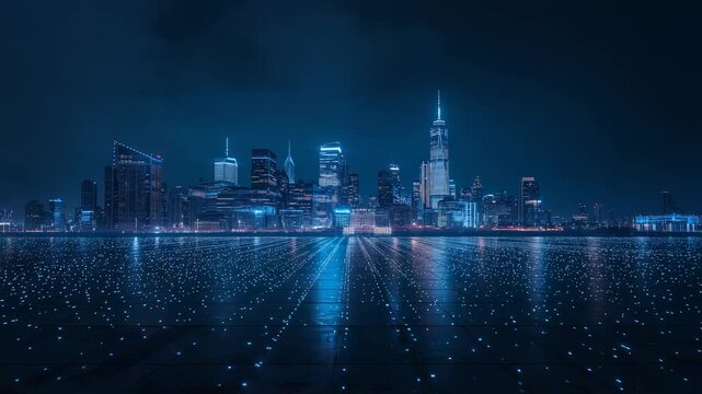 Glowing future skyline and spire reflecting over plaza with blue grid, red streak crossing horizon