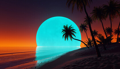 Tropical sunset silhouette of a palm tree on the beach over the ocean water