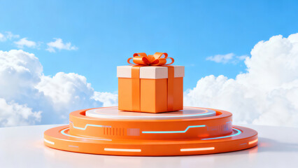 Cloud Background Orange Display Stand & Gift Box 3D Scene