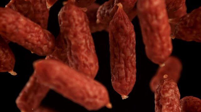 Mini salami fly and fall on a black background. Filmed on a high-speed camera at 1000 fps. High quality FullHD footage
