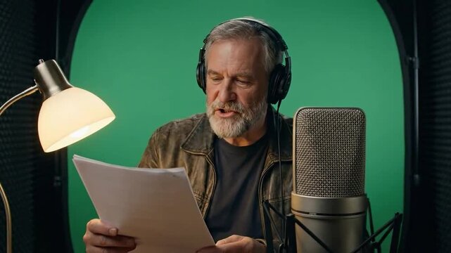 A person reads script wearing headphones with microphone near green screen for voice over.