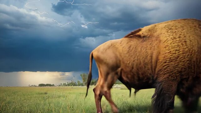 Seeing lightning, adult bison turning and walking right across plain seeking shelter from storm