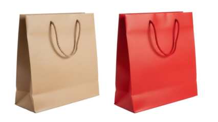 Two shopping bags PNG isolated on transparent background, beige and red paper bags with rope handles for retail and gift packaging