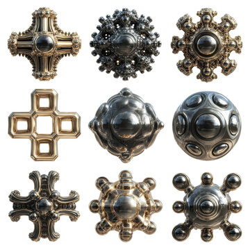 Set of 9 ornate metallic sci-fi greeble cross and sphere elements 3D render isolated PNG with Transparent Background