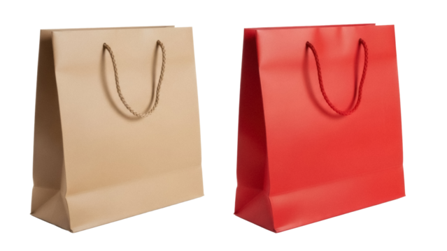 Two shopping bags PNG isolated on transparent background, beige and red paper bags with rope handles for retail and gift packaging - Powered by Adobe