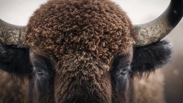 Pushing camera forward, adult bison blinking and shifting gaze on snowy plain, revealing fur detail