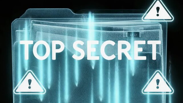 Pulsing cyan beams causing translucent folder showing TOP SECRET label on black, three alerts