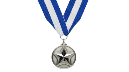 Silver star medal with blue and white ribbon isolated PNG, achievement award for recognition and...