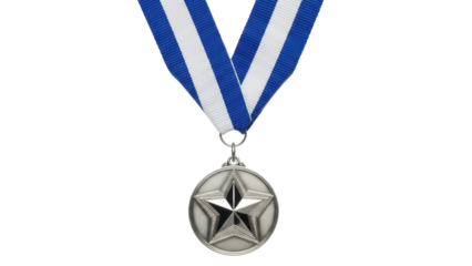 Silver star medal with blue and white ribbon isolated PNG, achievement award for recognition and honor on transparent background