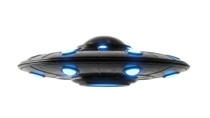 Sleek black UFO with glowing blue lights isolated PNG, futuristic flying saucer for science fiction and extraterrestrial themes