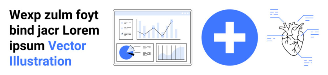 Obraz premium Data dashboard charts, a blue medical cross, and a labeled heart diagram representing health analysis, research, and healthcare. Ideal for medical, education, analytics, research apps science