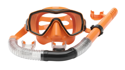 Orange snorkel and diving mask isolated PNG, swimming gear for underwater exploration and recreational water sports