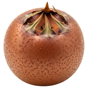 Single ripe brown medlar fruit with prominent calyx lobes on transparent background