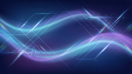 Abstract dark blue background with glowing cyan and magenta light waves and geometric circuit lines