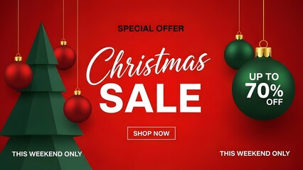 Festive christmas sale banner with green tree and red ornaments advertising up to 70 percent off special offer for holiday shopping event