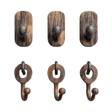 Set of 6 rustic wooden wall hooks with metal hardware isolated PNG with Transparent Background