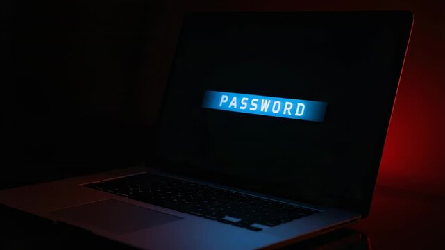 Pulsing laptop showing PASSWORD prompt on shiny desk, awaiting login amid blue-red rim glow
