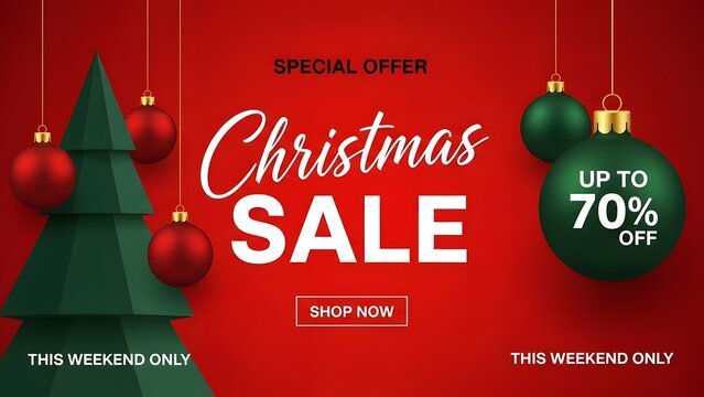 Festive christmas sale banner with green tree and red ornaments advertising up to 70 percent off special offer for holiday shopping event