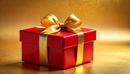 Obraz premium “Red gift box with shiny gold ribbon on artificial snow against warm golden background with snowflakes.”
