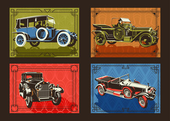 1920s Automobile Poster Set, Retro Cars Vector Illustrations, Old Vehicles, Art Deco Frames