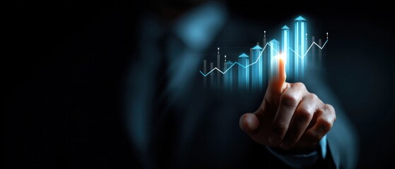 Businessman hand touching glowing blue financial growth graph and bar chart with upward arrows for stock market success concept