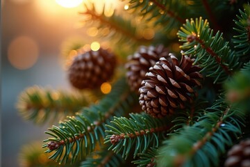 Close-up of pine cones nestled among evergreen branches, illuminated by the warm glow of sunset.