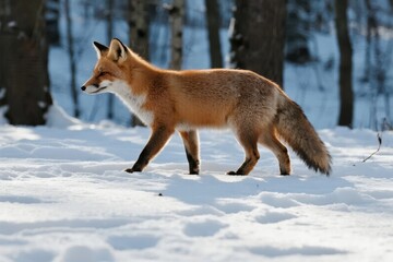 Fototapeta premium Red fox walking across snow-covered ground in a winter forest