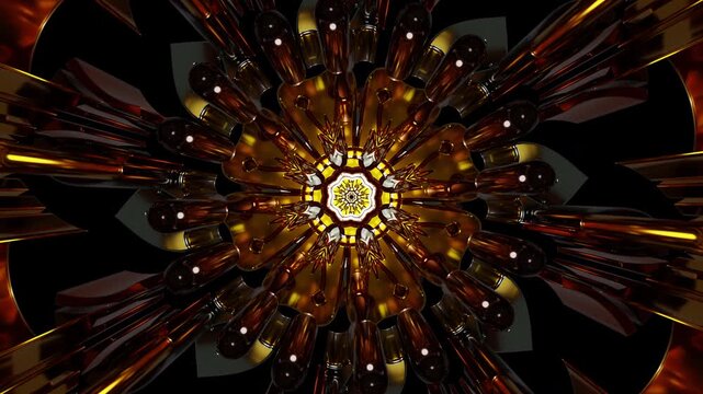 Golden glowing mandala with reflective metallic shapes and symmetrical radiating geometry, intricate kaleidoscope structure rendered in 3D, vibrant ornamental abstract digital artwork spiritual vibe