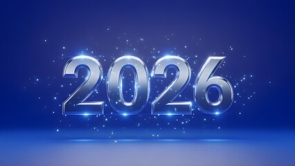Shiny silver 2026 numbers with blue glowing lights and particles