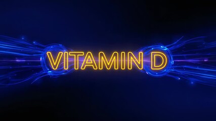 Starting frame shift sparking neon VITAMIN D text pulsing on navy backdrop highlighting node energy - Powered by Adobe