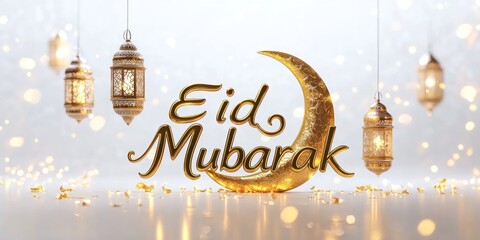 Golden Eid Mubarak 3D text with crescent moon and Islamic lanterns on a festive background with sparkling bokeh lights, symbolizing a religious celebration.
