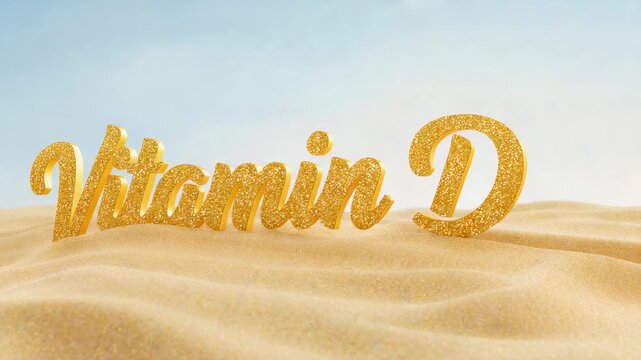 Pulling back camera, glittery Vitamin D script settling on sand dunes, forming sunlit promo tableau