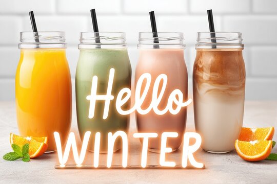 Cozy winter cafe display with hot drinks and glowing "hello winter" sign for seasonal decor