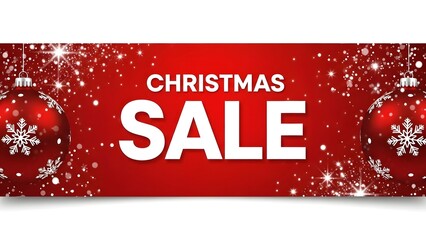 Festive red banner with sparkling christmas ornaments and falling snow announcing a holiday sale event with bold white text