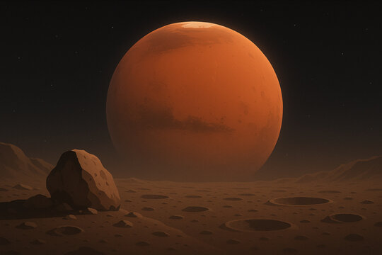 Vector Illustration of Mars floating above the cratered, low-gravity surface of Phobos