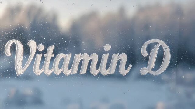 Holding frosted 'Vitamin D' script on cabin window, light shifting, droplets moving, evoking winter