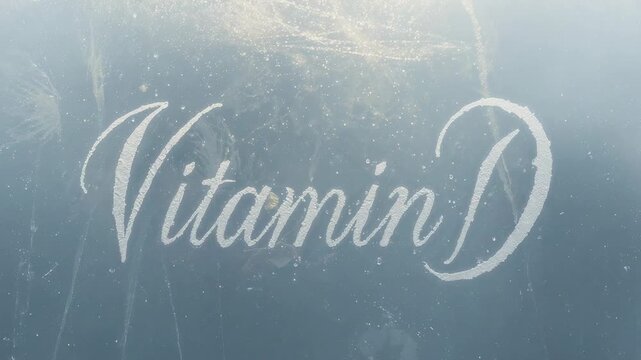 Brightening top light revealing cursive 'Vitamin D' on frosted panel, highlighting dust